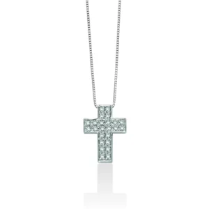 Collana in oro bianco con pendente a croce e pavé di diamanti