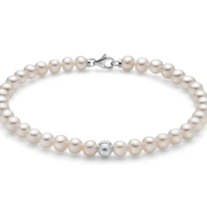 Bracciale di perle Oriente con sfera centrale in oro bianco intagliata