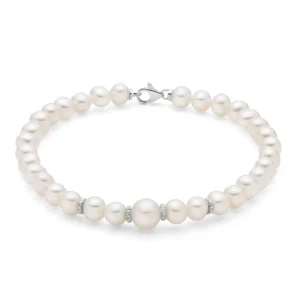 Bracciale di perle Oriente con quattro distanziali in oro bianco e diamanti